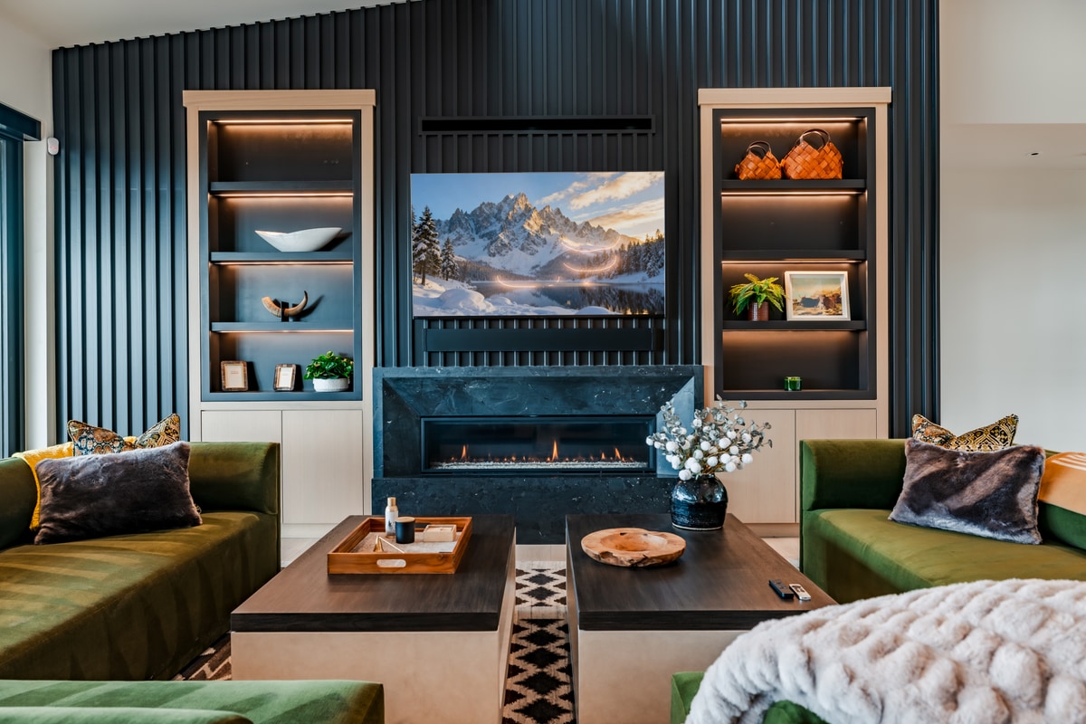 Pinnacle Lot 47 Park City Utah — entertainment wall with slatted ebony paneling, illuminated shelving, and linear fireplace